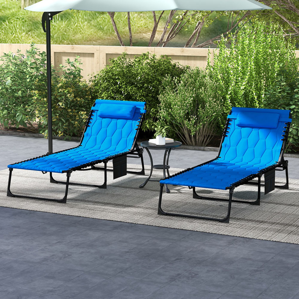 Outsunny Set of 2 Blue Foldable Recliner Sun Lounger with Side Pocket Image 1