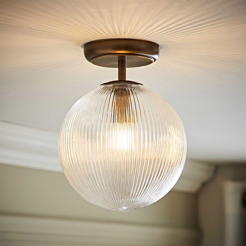 ValueLights Kempton Brushed Brass Ribbed Globe Shade Flush Ceiling Light with Bulb Image 6