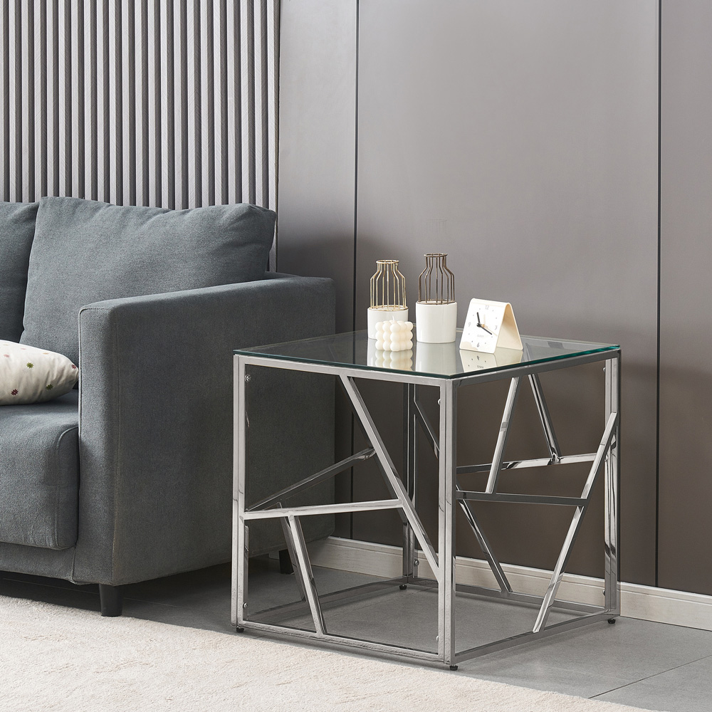 Comfy Living Silver Glass and Metal Square Side Table Image 3