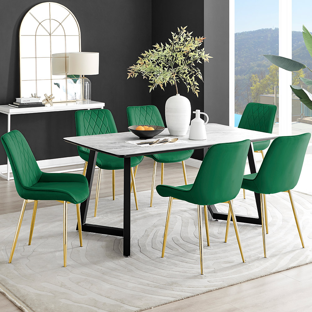 Furniturebox Copeland Cesano Marble Effect 6 Seater Dining Set White Green and Gold Image 1