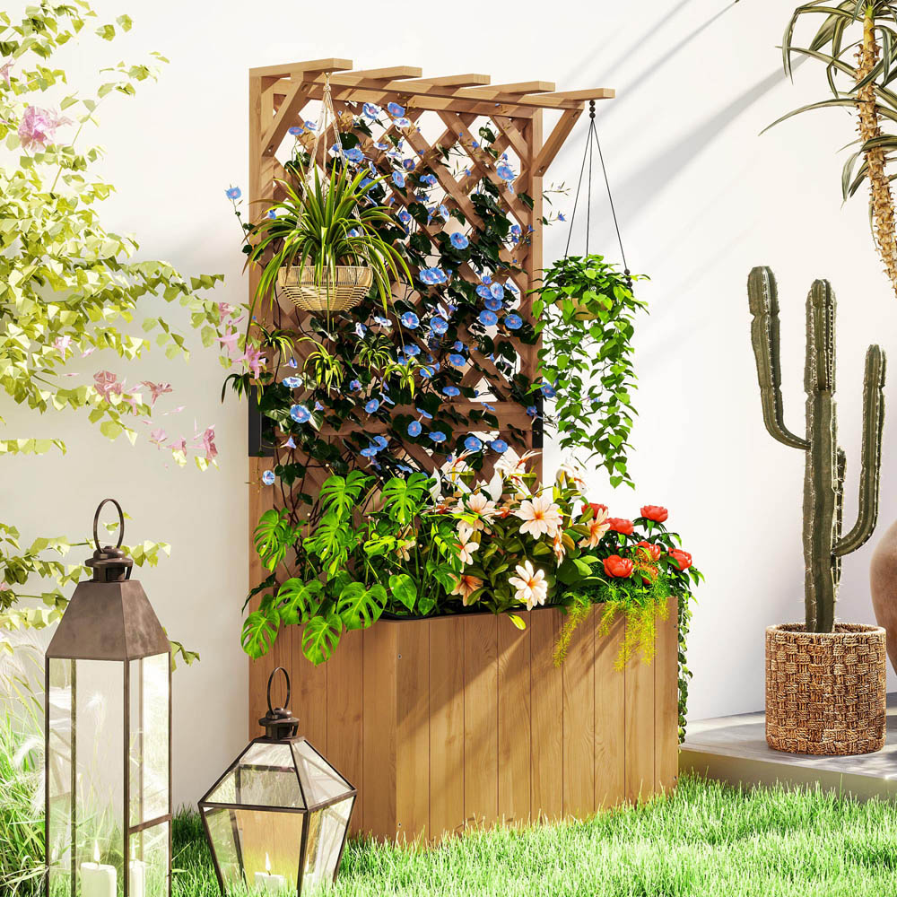 Outsunny Natural Wooden Planter with Trellis Image 2