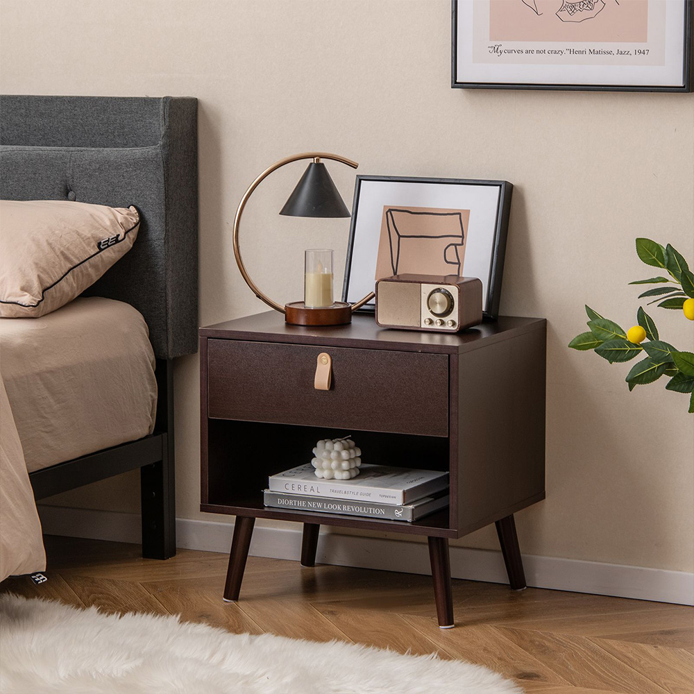Costway 3 Shelf Brown Mid-Century End Table with Open Storage Shelf Image 5