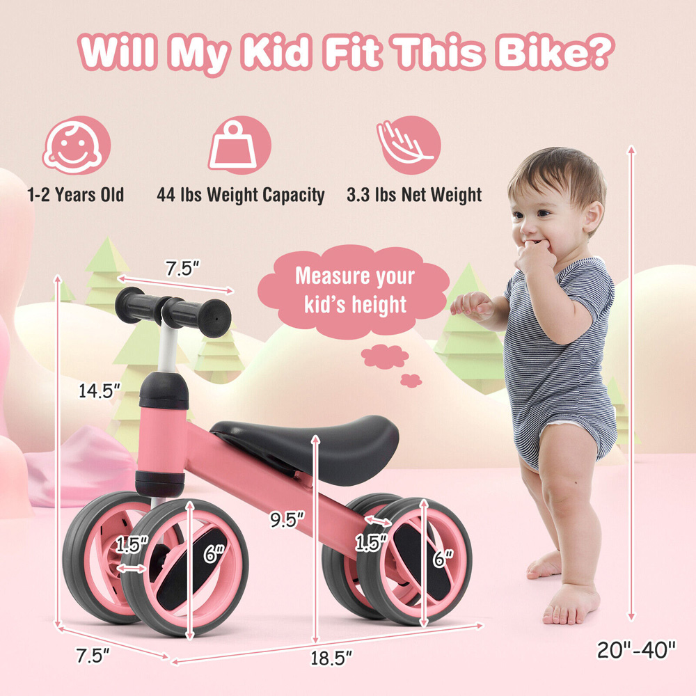Costway Pink Baby Balance Bike with 4 Wheels Image 9