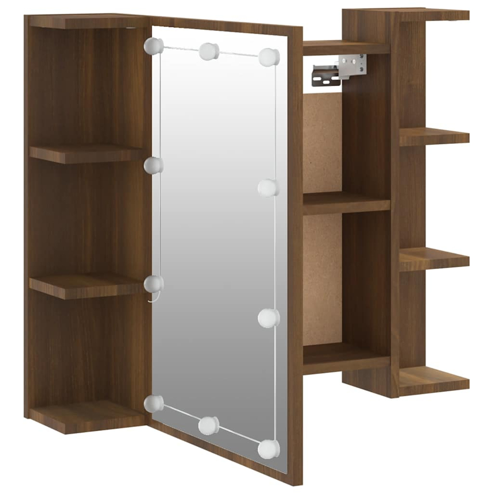 vidaXL Single Door 6 Open Shelf Brown Oak LED Mirror Bathroom Cabinet Image 6