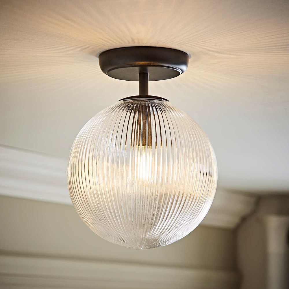 ValueLights Kempton Matt Black Ribbed Globe Shade Flush Ceiling Light with Bulb Image 6