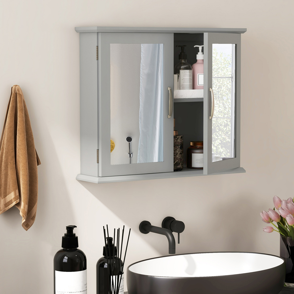 Costway 2 Shelf Grey Wall Mounted Bathroom Cabinet with Mirror Door Image 3