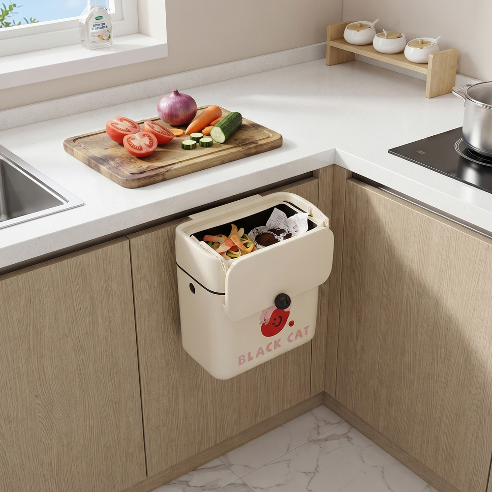 Living and Home Cream Cat Print Hanging Kitchen Bin with Lid 28 x 26 x 15cm Image 8