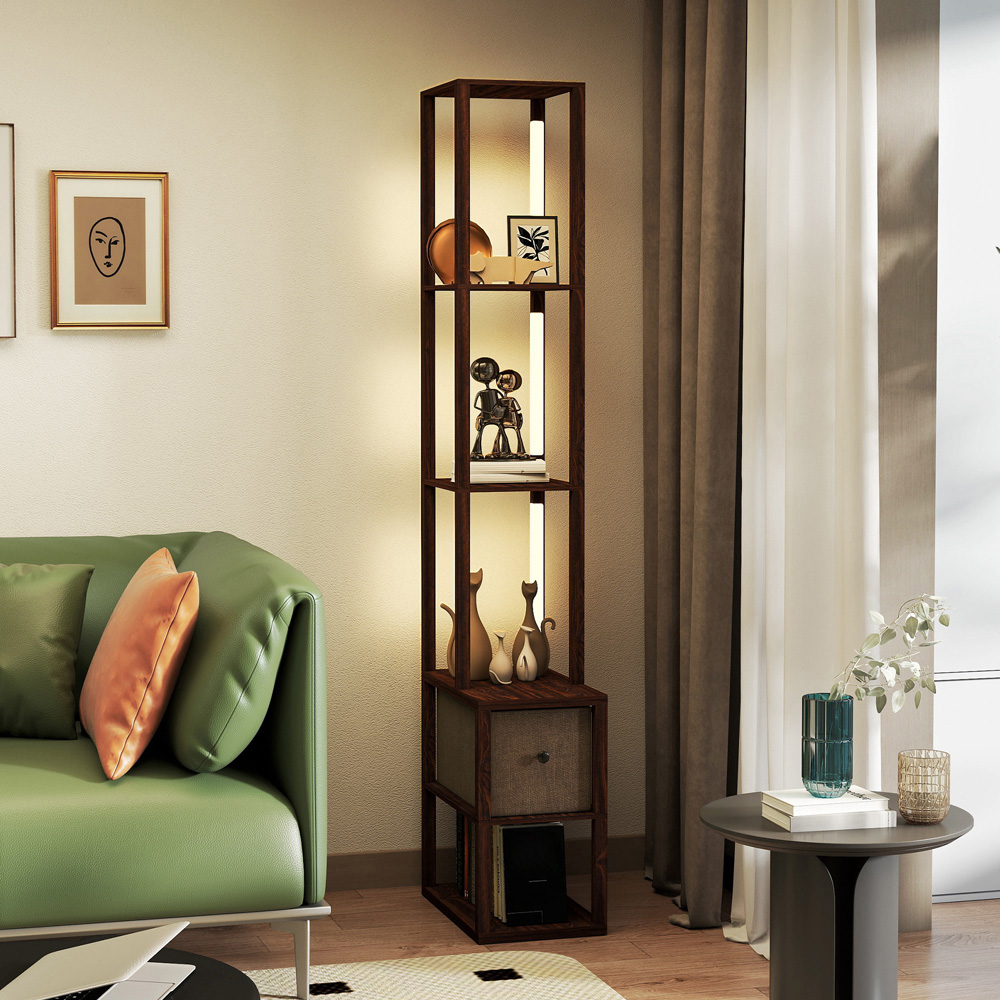 HOMCOM Single Drawer 4 Shelf Brown LED Floor Lamp Image 5