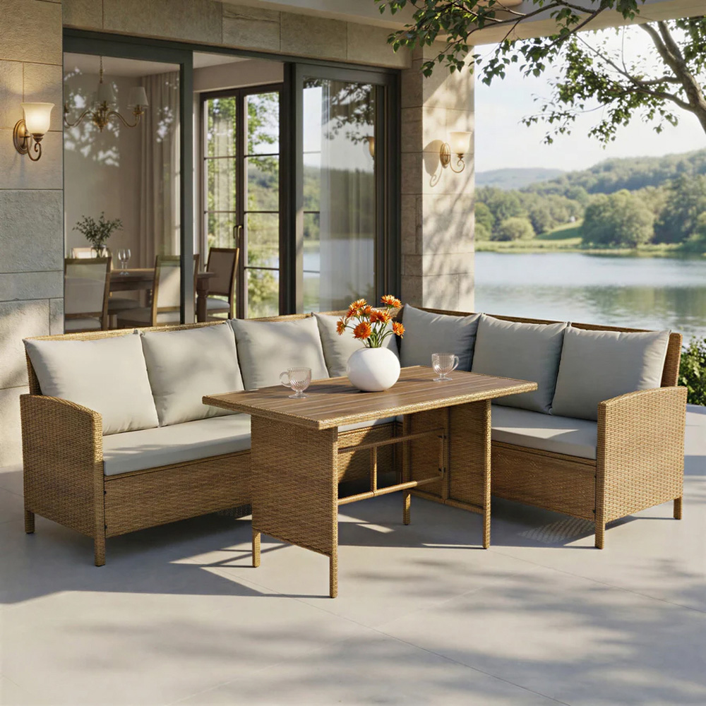 HGD Alia 6 Seater Brown and Grey Rattan Garden Corner Dining Sofa Set with Polywood Table Image 1