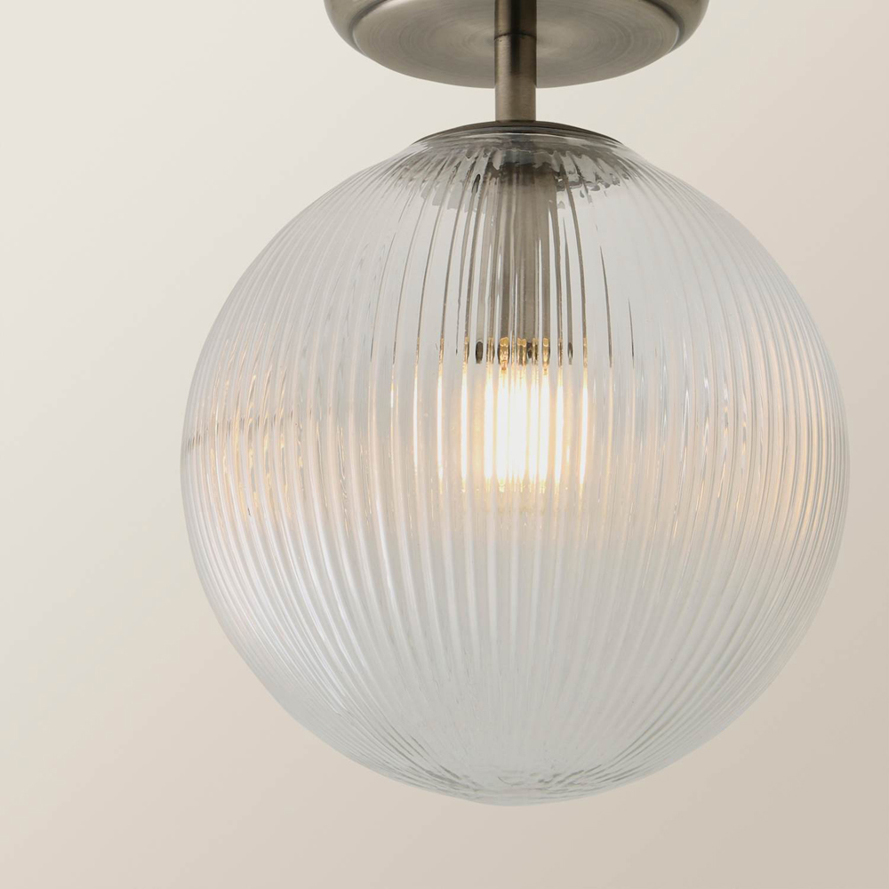 ValueLights Kempton Brushed Chrome Ribbed Globe Shade Flush Ceiling Light with Bulb Image 3