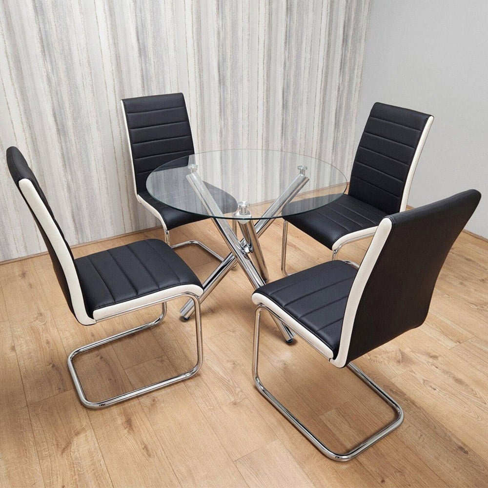 Portland 4 Seater Leather Clear Glass Round Dining Set Black and White Image 1