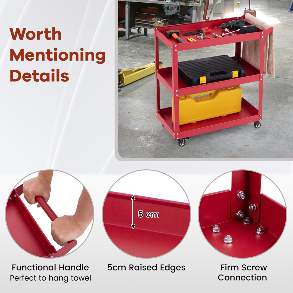 Costway 3 Shelf Red Rolling Service Trolley Image 8