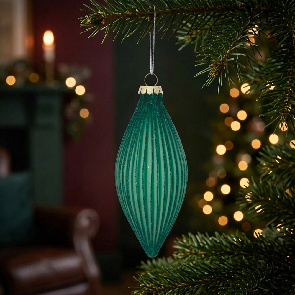 Emerald Green Glittered Ridged Bauble - Green Image 2