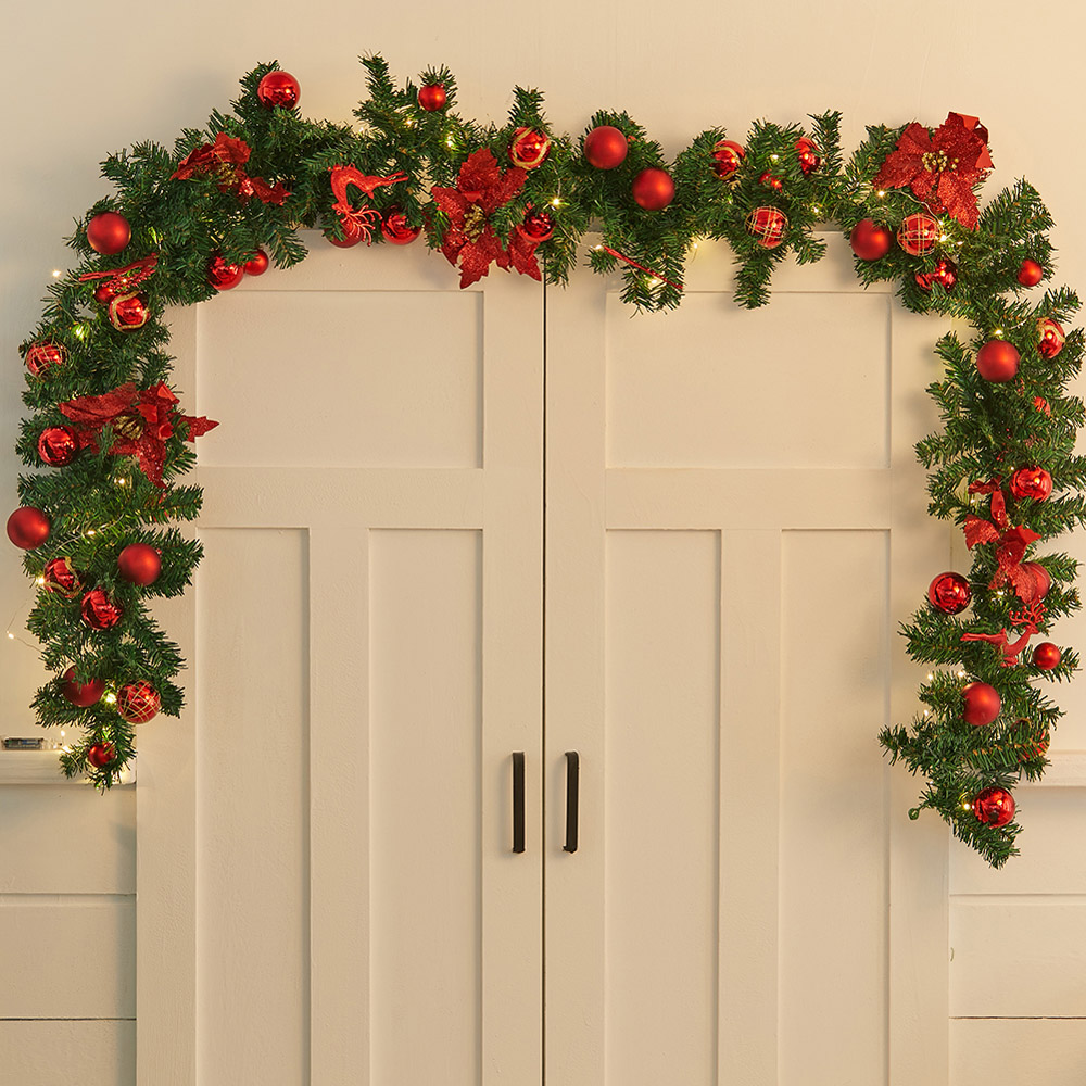 Living and Home Christmas Garland with Red Baubles Stag and Poinsettias 270cm Image 8