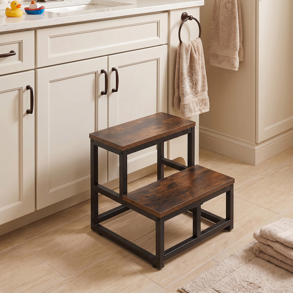 Living and Home Brown and Black Rustic Wood Grain 2 Step Stool Image 8