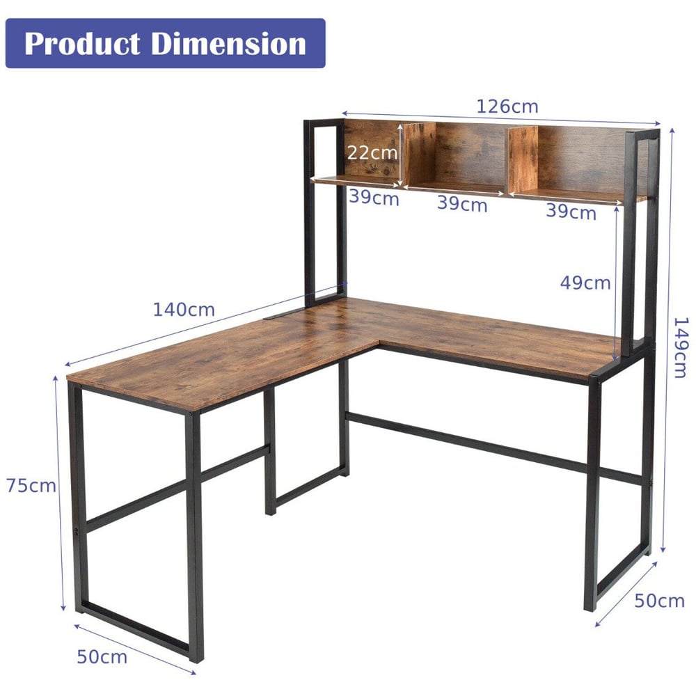 Costway 3 Shelf L Shaped Corner Computer Desk Brown Image 9