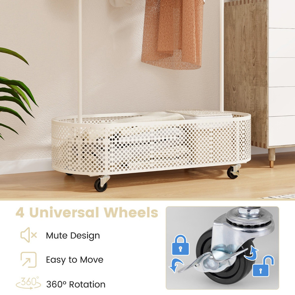 Costway White Adjustable Height Kid Clothes Rack with Storage Basket Image 5