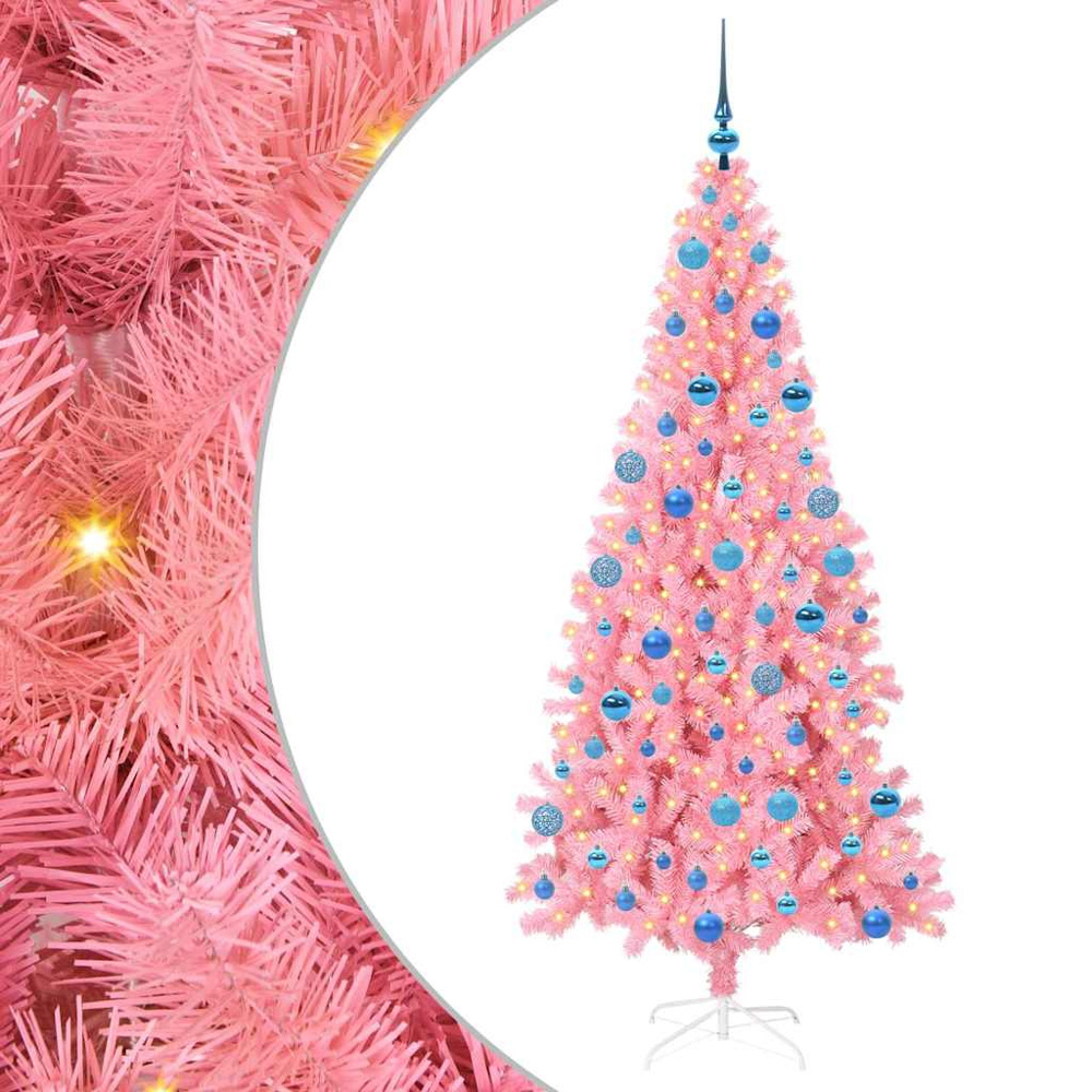 vidaXL Pre-Lit Blue Baubles Pink Artificial Christmas Tree 6ft Image 2