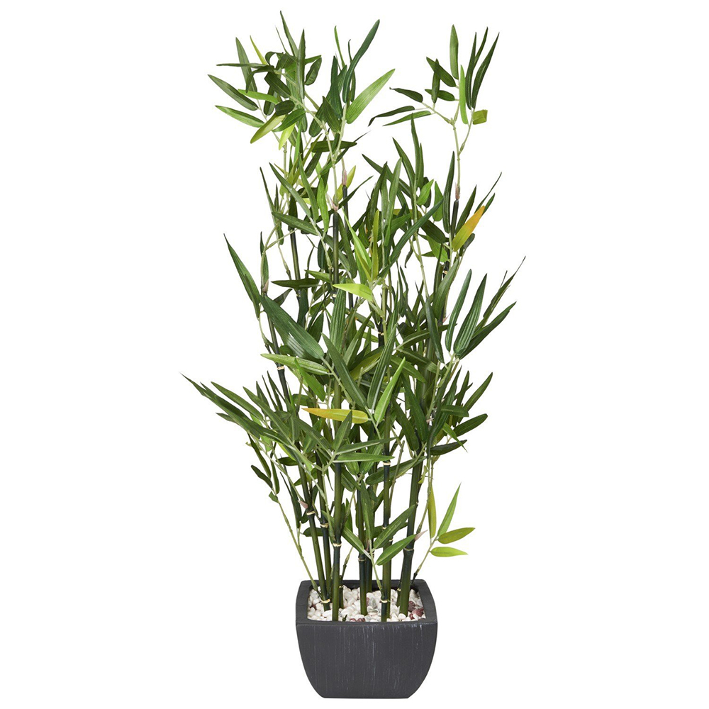 Artificial Green Bamboo Plant in Black Terracotta Pot with Pebbles Image 1