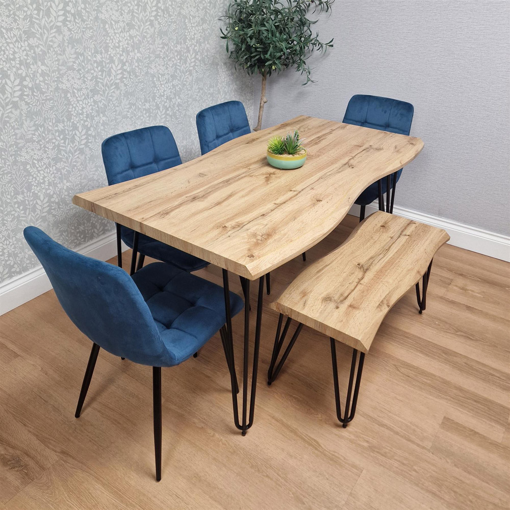 Kosy Koala 4 Seater Tufted Velvet Wooden Dining Set with Bench Blue and Brown Image 2