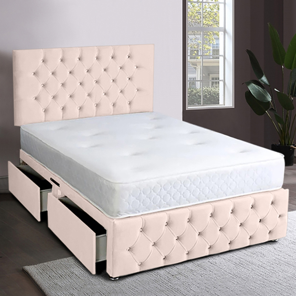 Eleganza Home Serenova King Size Blush Plush Velvet 2 Drawer Divan Bed with Headboard Image 1