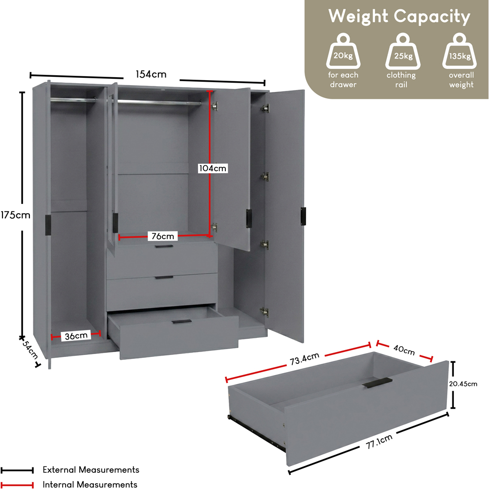 VIDA DESIGNS Trega 4 Door 3 Drawer Grey Mirrored Wardrobe Image 9