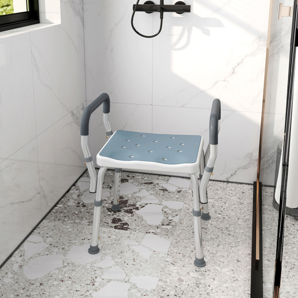 HOMCOM Light Blue Aluminium Height Adjustable Bath Chair Image 2