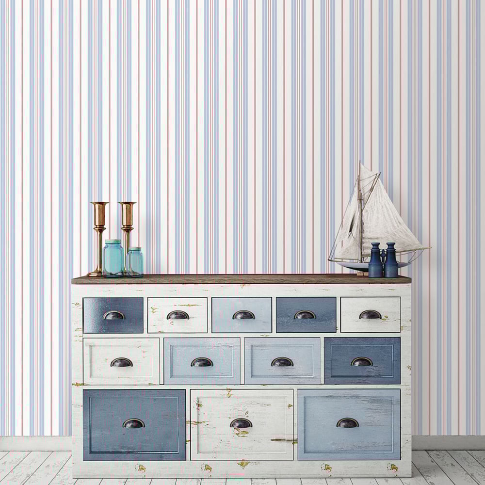 Galerie Deauville 2 Striped Light Blue White and Red Wallpaper Image 2
