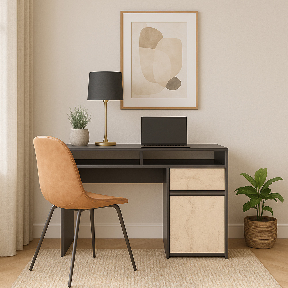 Decorotika Isla Single Door Single Drawer 2 Shelf Corner Computer Desk Black Travertine Image 7