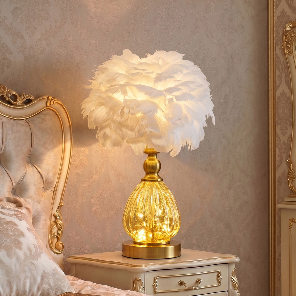 Living and Home Screw E27 Antique Bronze White Goose Feather Shade Table Lamp Image 2