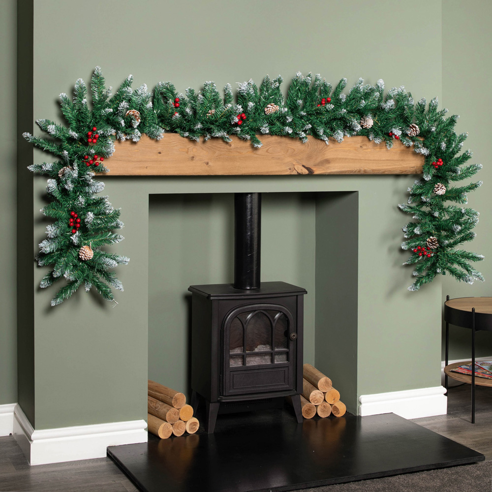 Samuel Alexander Snow Tipped Christmas Garland with Red Berries Cones and Bullet Tips 270cm Image 9