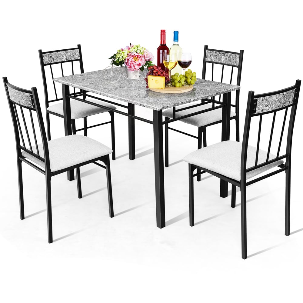 Costway 4 Seater Marble Dining Set Grey with Sponge Cushion Image 3