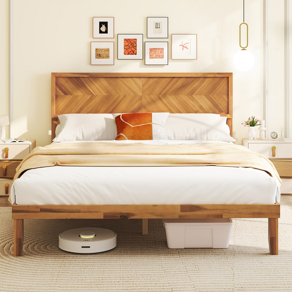 Costway Mid Century King Size Acacia Wooden Bed Frame with Headboard Image 3