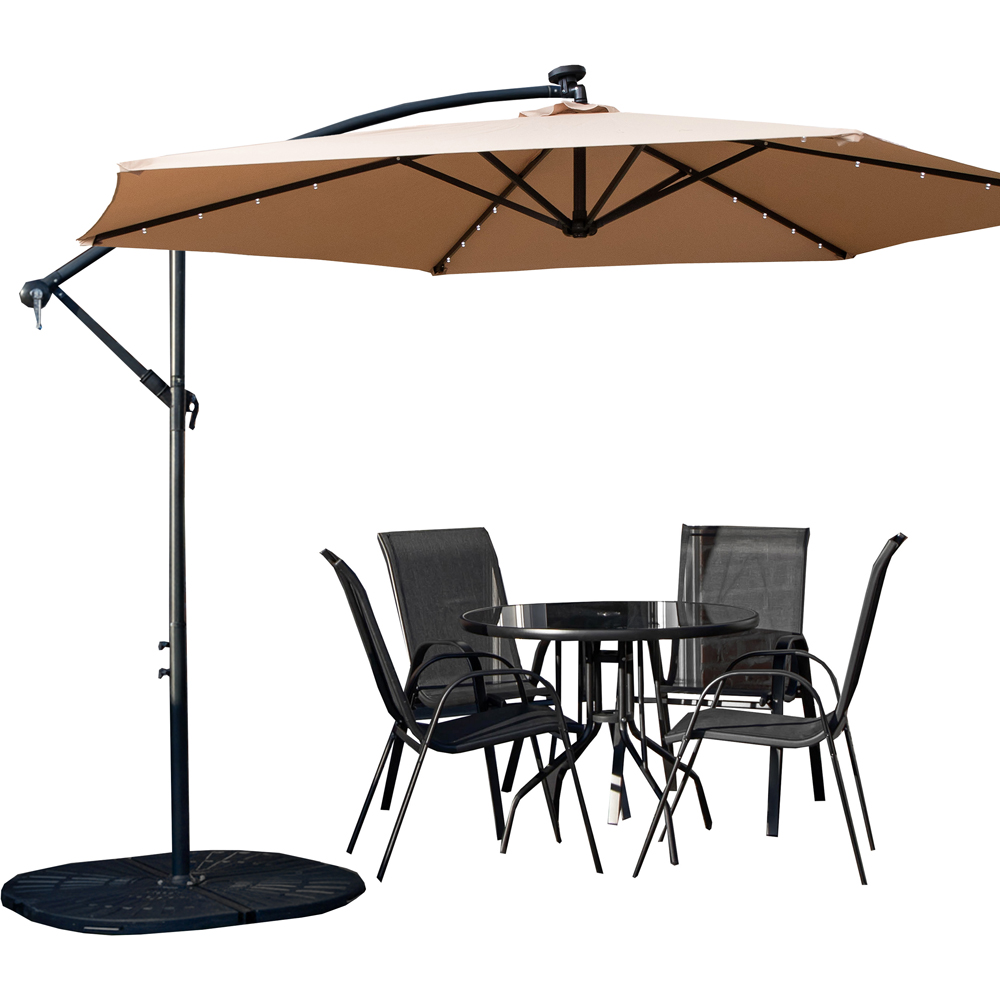 Samuel Alexander 4 Seater Glass Top Stackable Dining Set with Beige Banana Lit Parasol and Base Image 2