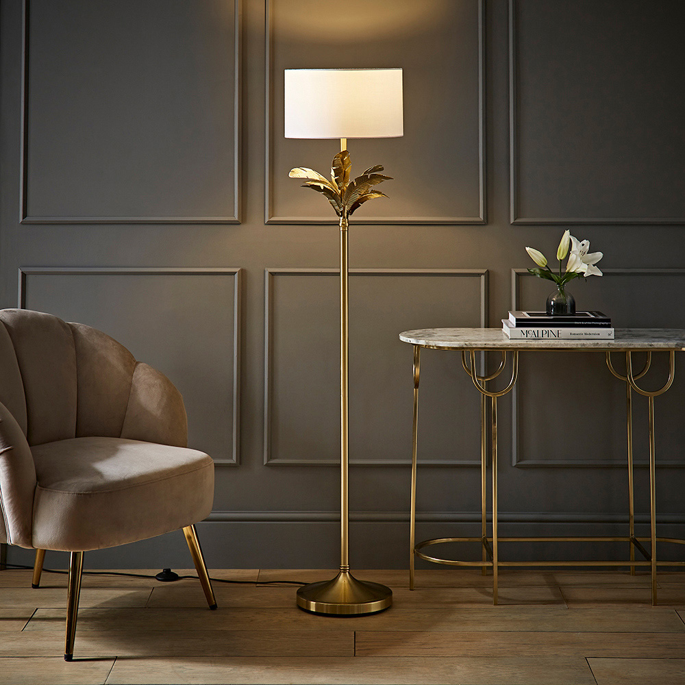 ValueLights Christina White and Gold Palm Leaf Detail Single Stem Floor Lamp and Bulb Image 6