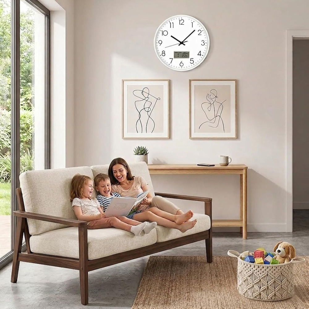 ATEK White Silver Silent Digital Wall Clock with Date Day and Temperature Display 30cm Image 2