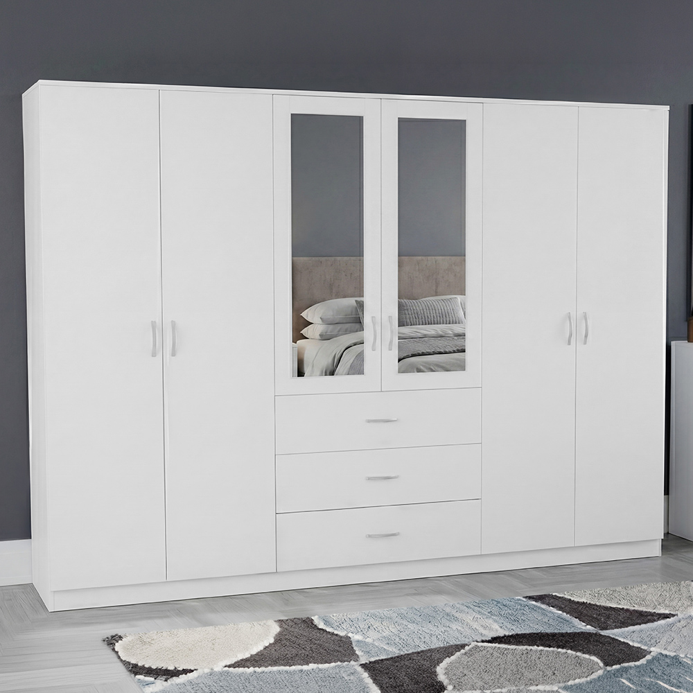 VIDA DESIGNS Riano 6 Door 3 Drawer White Mirrored Wardrobe Image 1