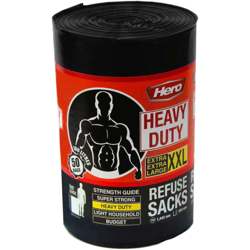 Hero Heavy Duty Bin Bags with Flat Top Black 100L 50 Pack Image