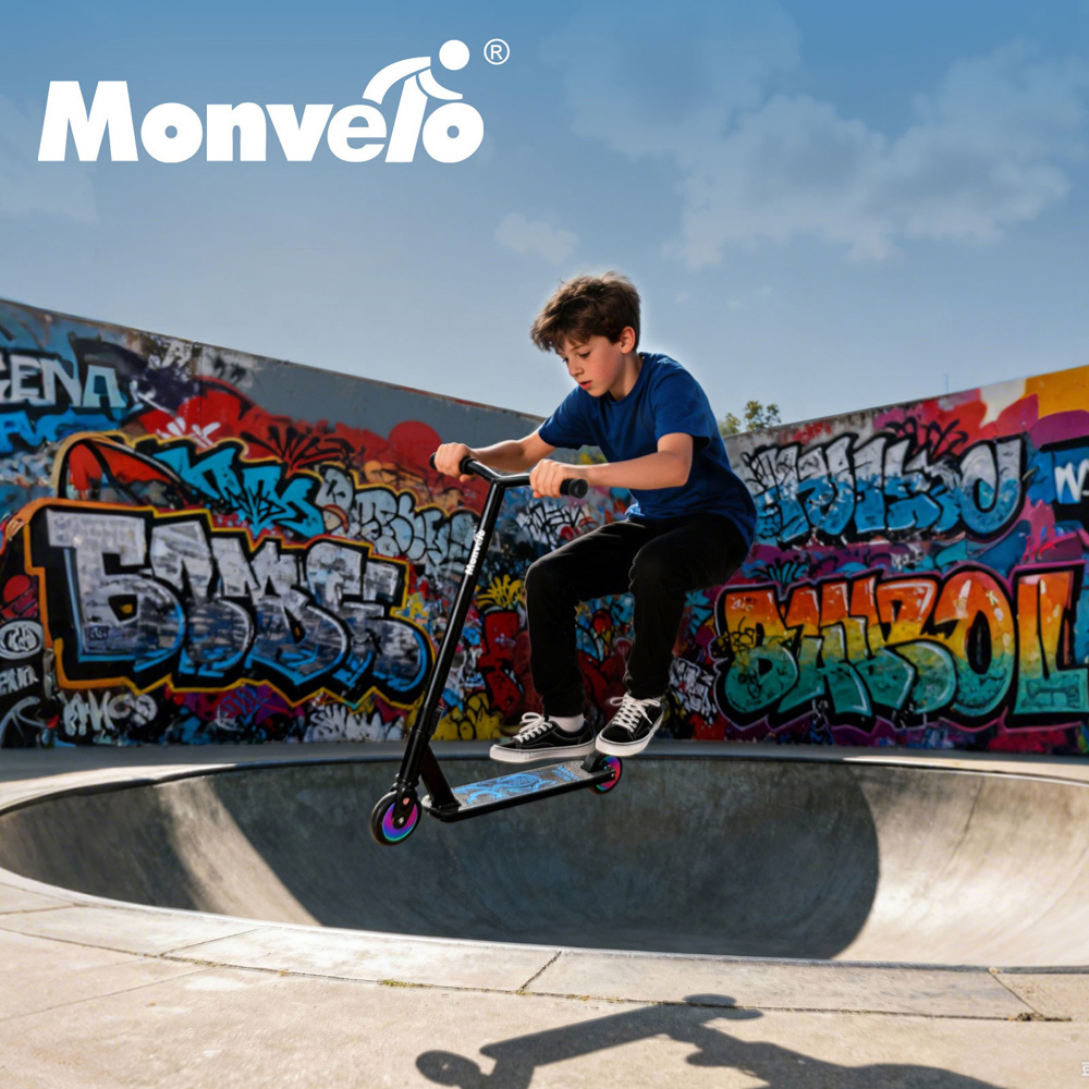 Monvelo Black and Blue Kids Adult Freestyle Stunt Scooter Image 8
