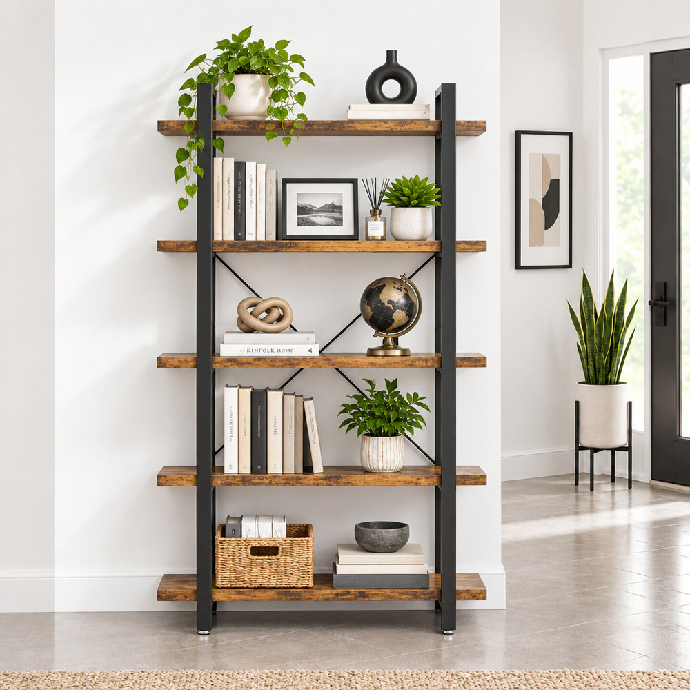 Modcraft 5 Shelf Rustic Brown Ladder Bookcase Image 4