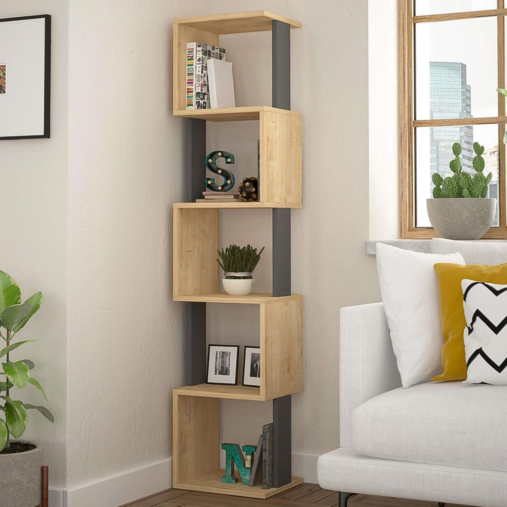 Decortie Piri 5 Shelf Oak and Anthracite Bookcase Image 1