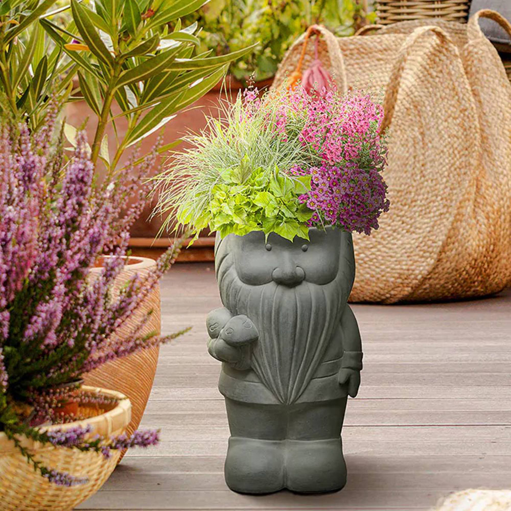 wilko Grey Fibrestone Gnome with Mushrooms Outdoor Plant Pot 39cm Image 4