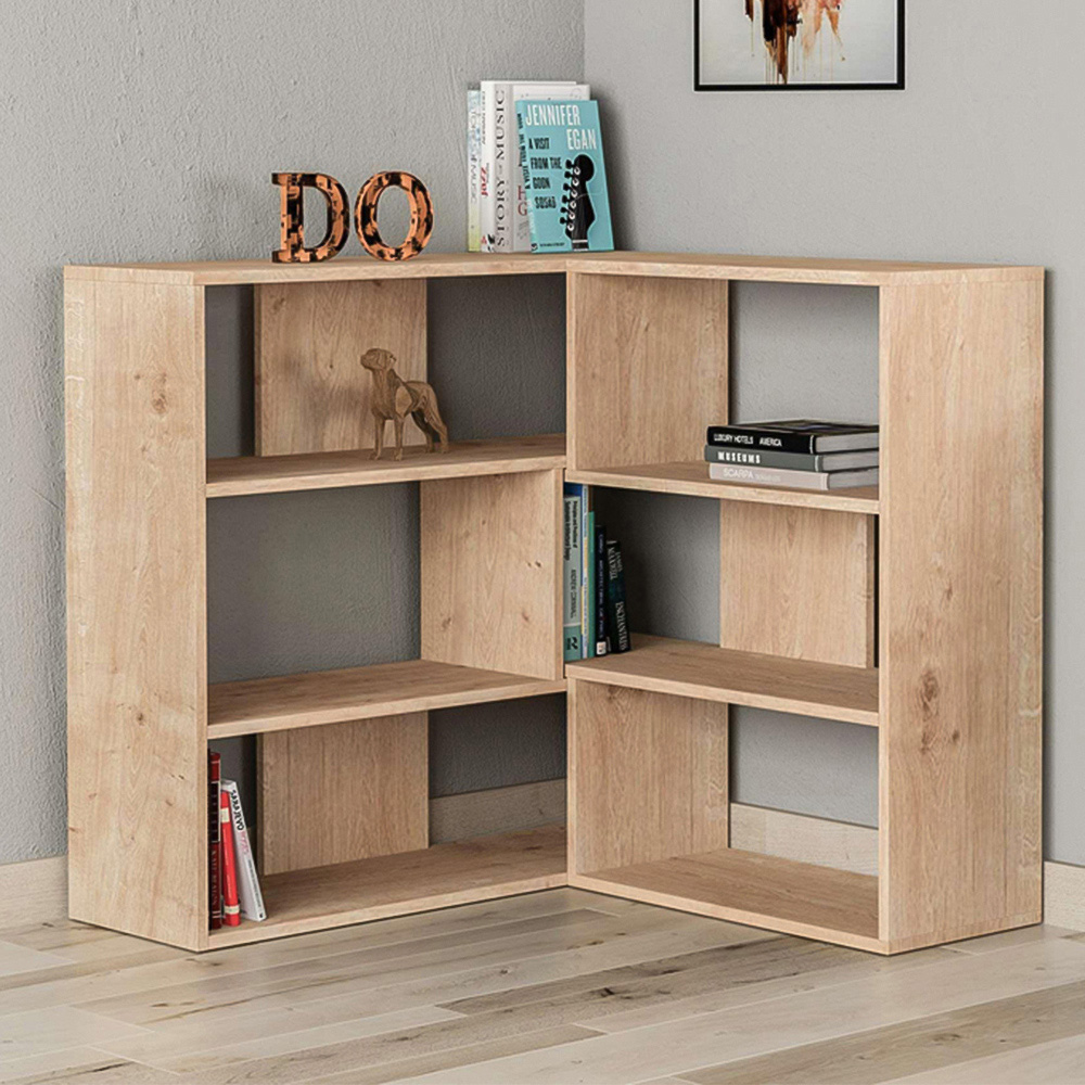 Decortie Molly 6 Shelf Oak Modern Interlock Corner Bookcase Image 1