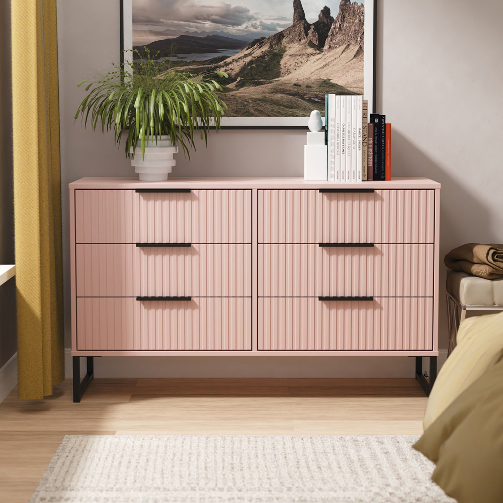 Crowndale Fluted 6 Drawer Kobe Pink Wide Chest of Drawers Ready Assembled Image 7