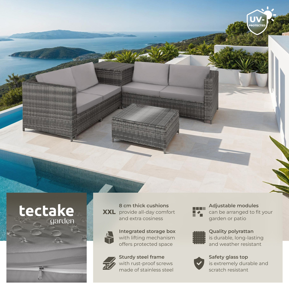 tectake Siena 4 Seater Grey Rattan Garden Lounge Set with Storage Box Image 6