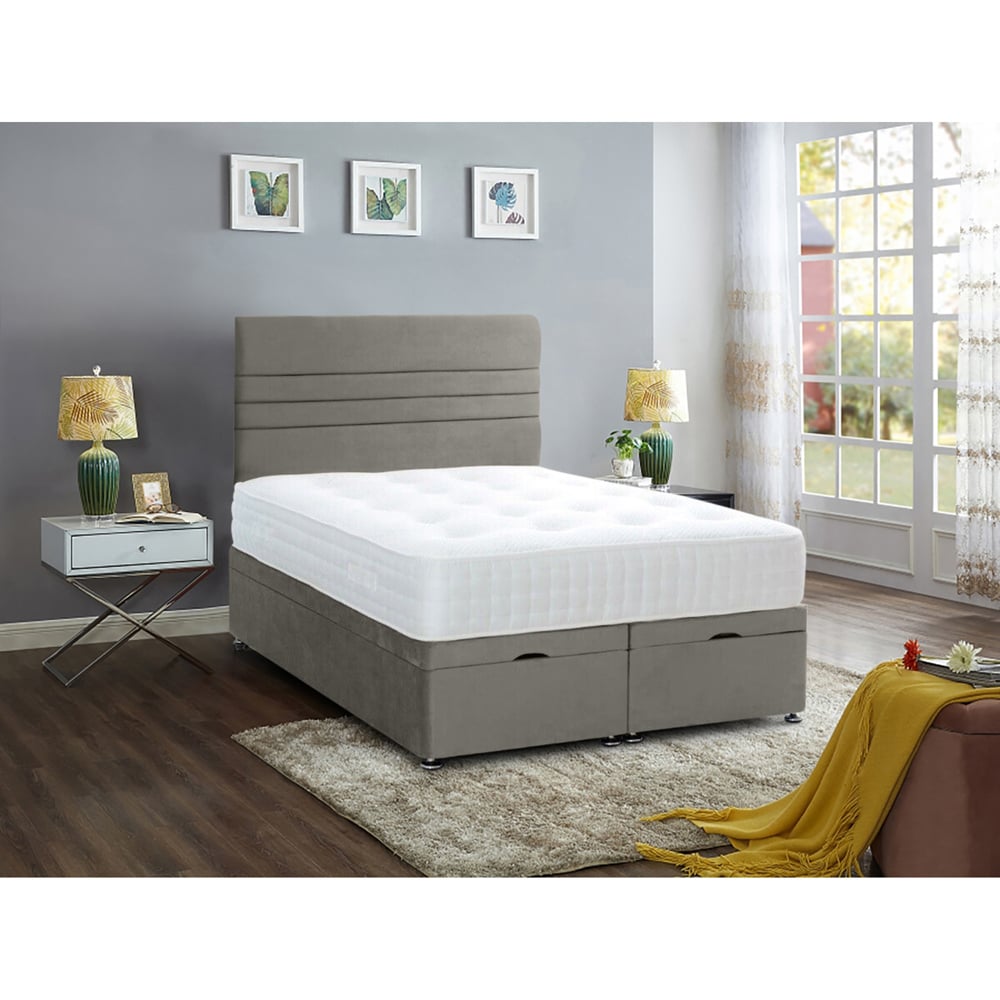 Eleganza Home Napster Single Grey Plush Velvet Divan Ottoman Bed with Lined Headboard Image 2