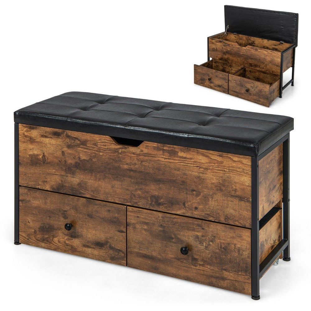 Costway 2 Drawer Rustic Brown Storage Ottoman Bench Image 2
