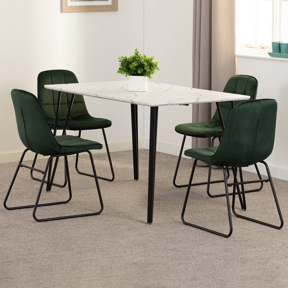 Seconique Marlow and Lukas 4 Seater Dining Set White Marble and Emerald Green Velvet Image 1