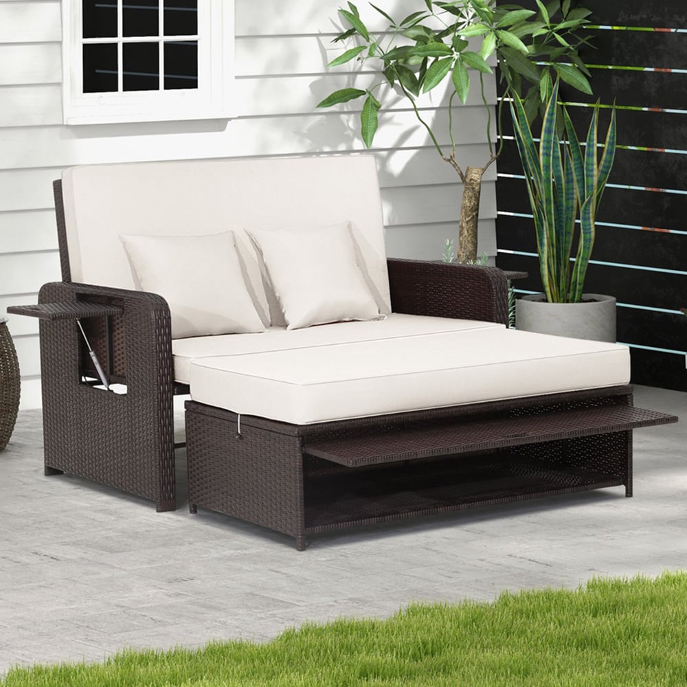 Costway 2 Seater Ratan Wicker White Loveseat Sofa with Ottoman and Side Tray Image 1