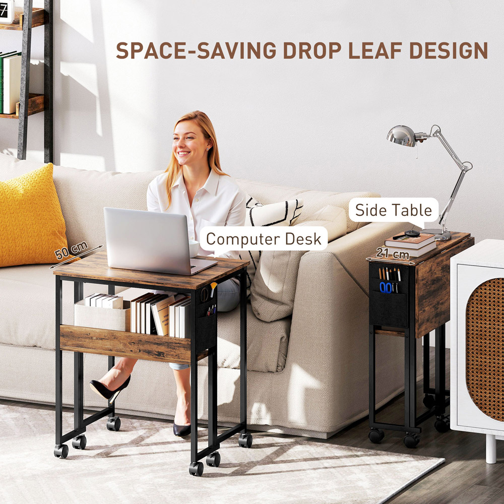 HOMCOM Single Shelf Foldable Computer Desk with Wheels and Side Bag Rustic Brown Image 4